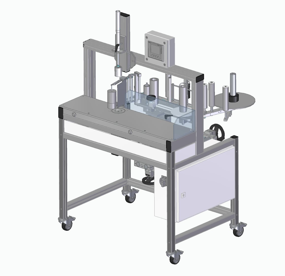 Beispiel einer individuell gefertigten, halbautomatischen Etikettiermaschine aus unserem Sortiment